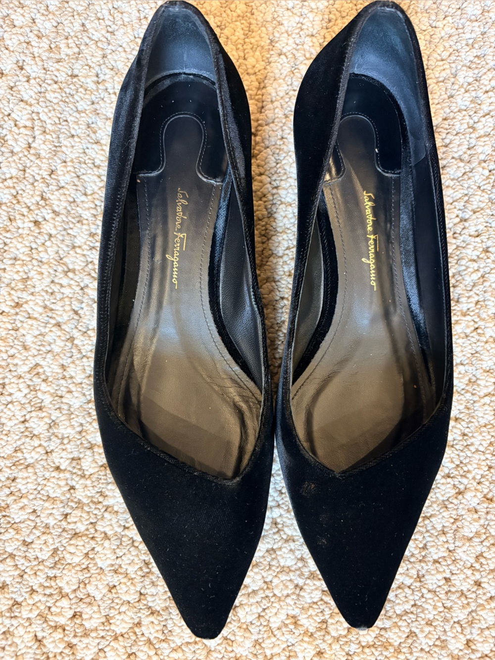 Salvatore Ferragamo Black Velvet Bari Ballet Flat with Gold Sculpted Heel - Picture 6 of 8